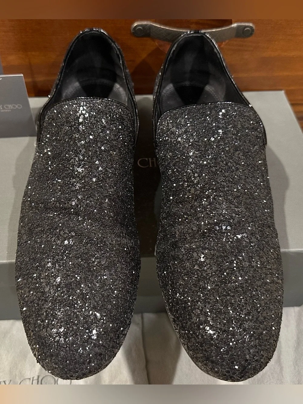 Jimmy Choo Sloane Men’s Black Glitter Slip-On Loafers Size 12M